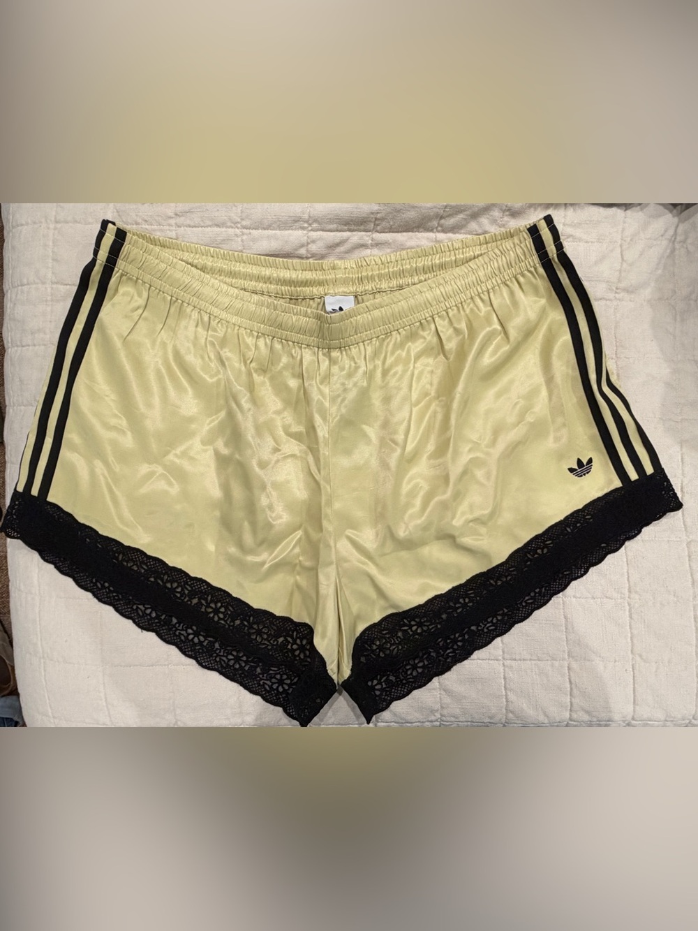 Brand new adidas Yellow Satin Shorts with Black Lace Trim